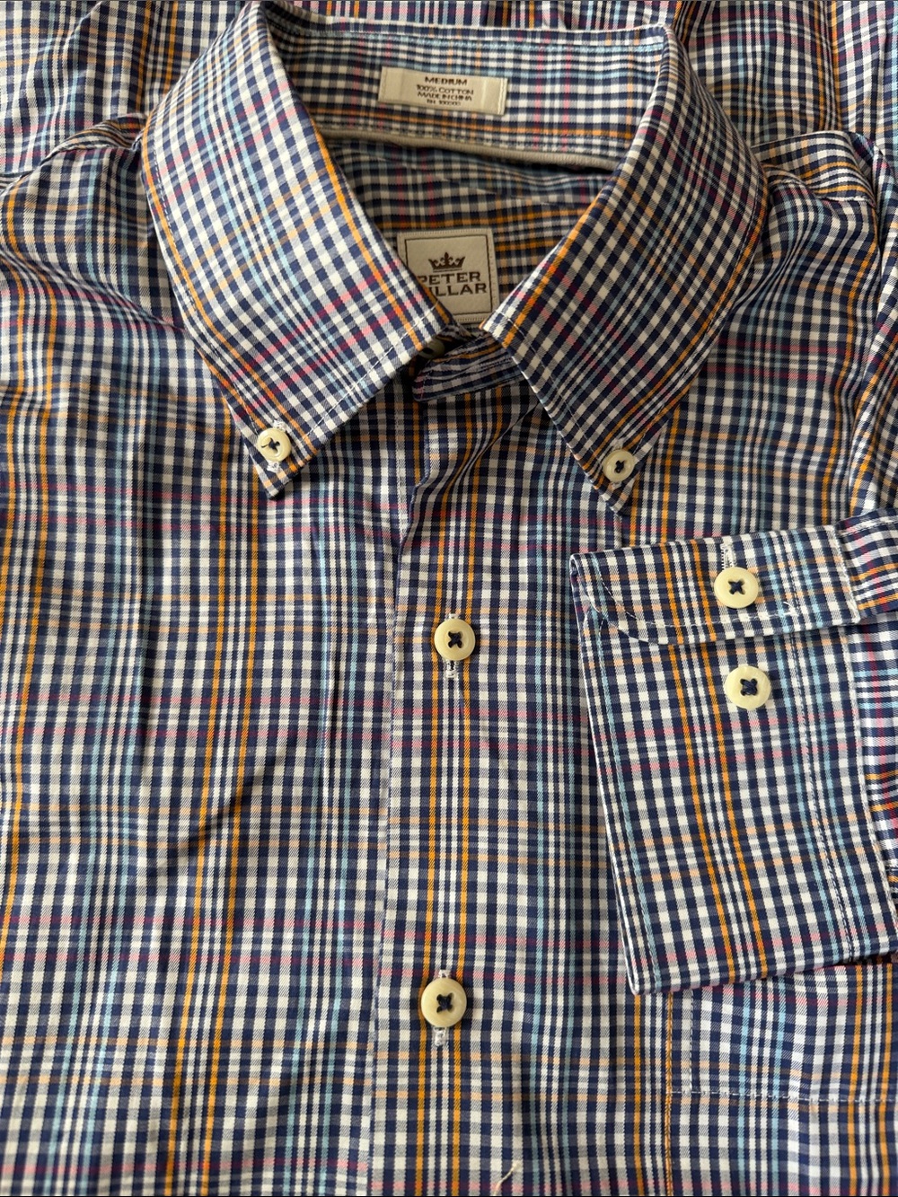 Peter Millar Men's Navy brown plaid Button-Down Shirt long sleeve size M